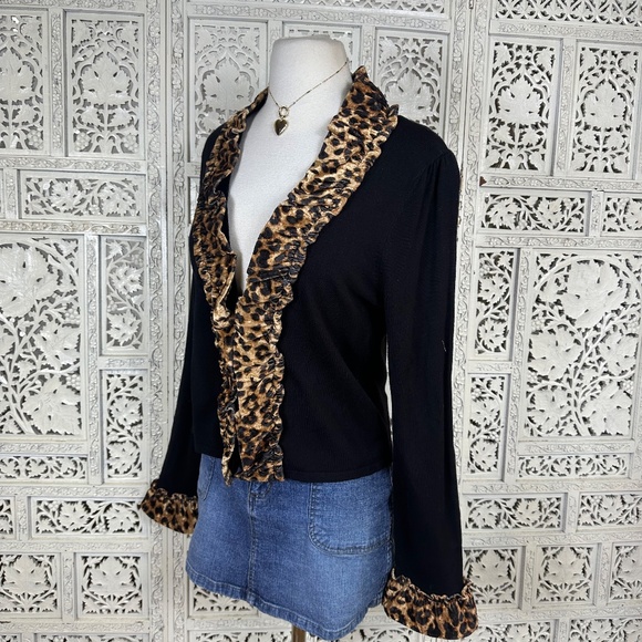 INC international Concepts Black Ribbed Cheetah Print Single Closure Cardigan - Picture 5 of 8